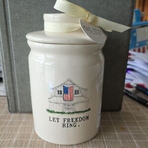 Rae Dunn Cream Jar with Patriotic Barn Design